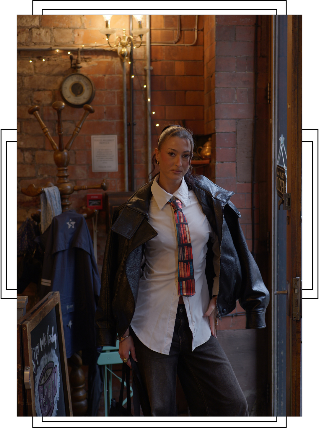 brick + leather · doorway